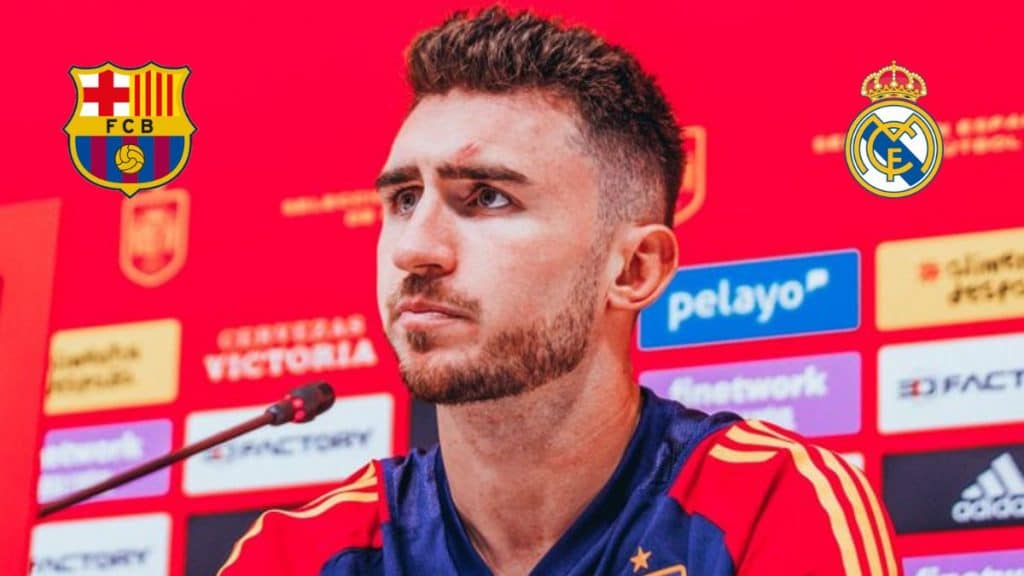 Aymeric Laporte, jugador de la Selección Española, en una rueda de prensa.
